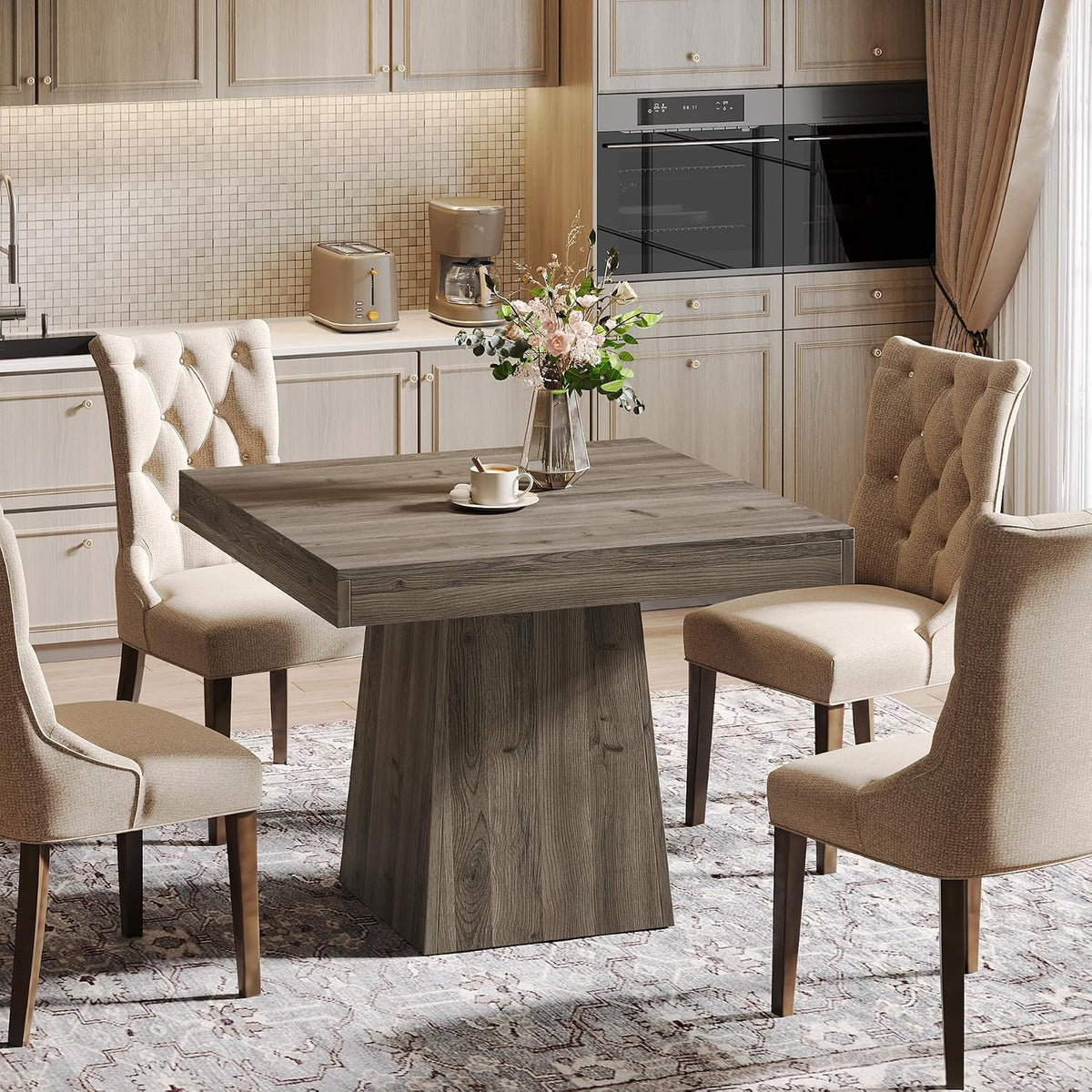 Tribesigns Square Dining Table for 4, 31.5-Inch Small Kitchen Table with Sturdy Pedestal Base, Farmhouse Dinner Table for Dining Room, Living Room, Kitchen, Light Gray