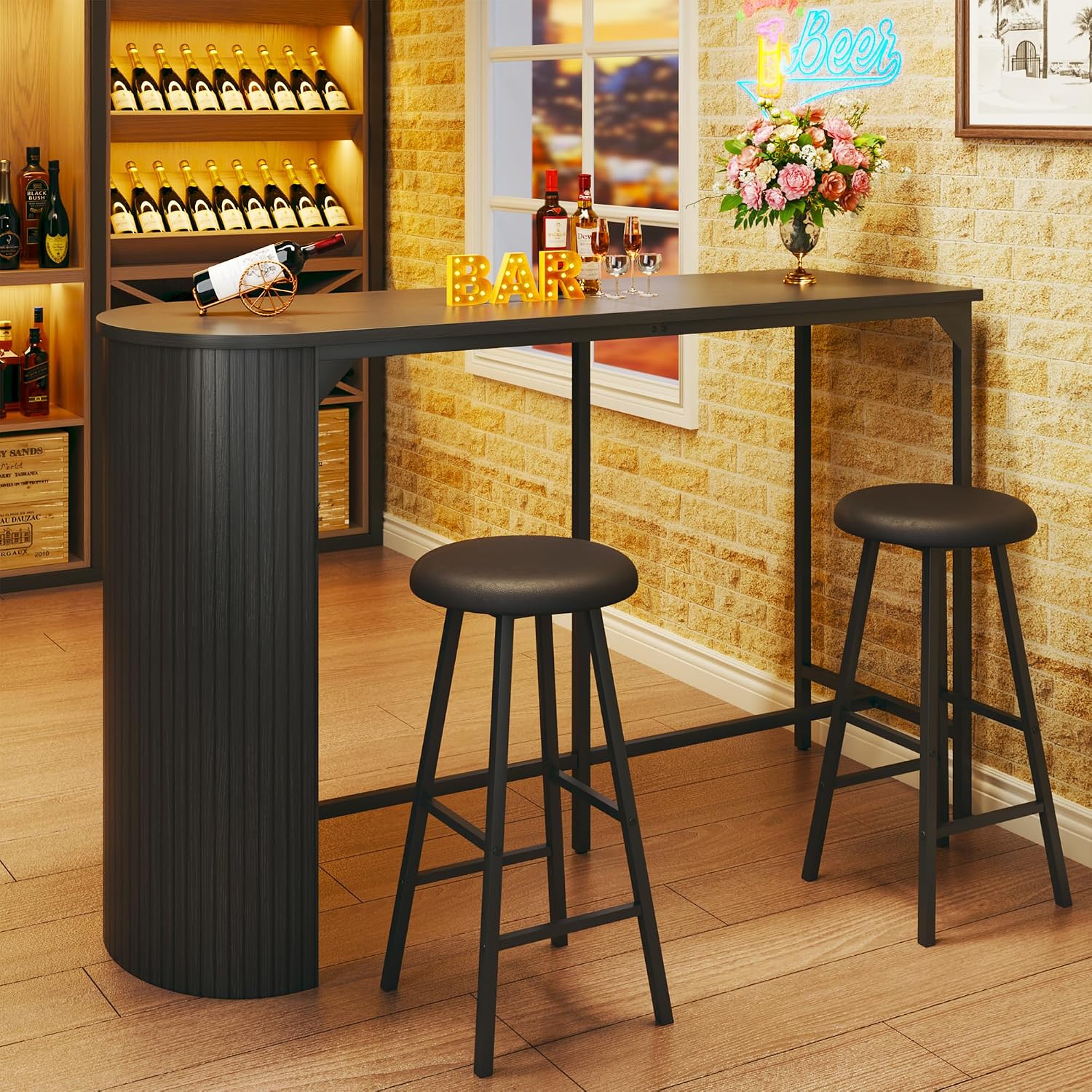 Fluted Bar Table and Chairs Set, 55'' Long Bar Tables with 2 Stools, 3 Piece Counter Height Dining Table for 2, Space Saving Kitchen Table for Bar, Dining Room, Kitchen, Breakfast Nook Corner, Black