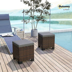 Outsunny 2 Pieces Outdoor Patio Ottomans, All Weather Wicker Footstools with Removable Cushions, 3-in-1 PE Rattan Ottoman Seat, Footrest and Side Table for Backyard, Poolside, Gray