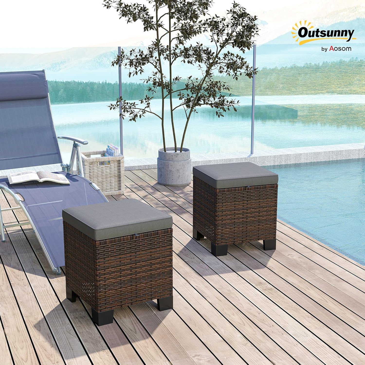 Outsunny 2 Pieces Outdoor Patio Ottomans, All Weather Wicker Footstools with Removable Cushions, 3-in-1 PE Rattan Ottoman Seat, Footrest and Side Table for Backyard, Poolside, Gray