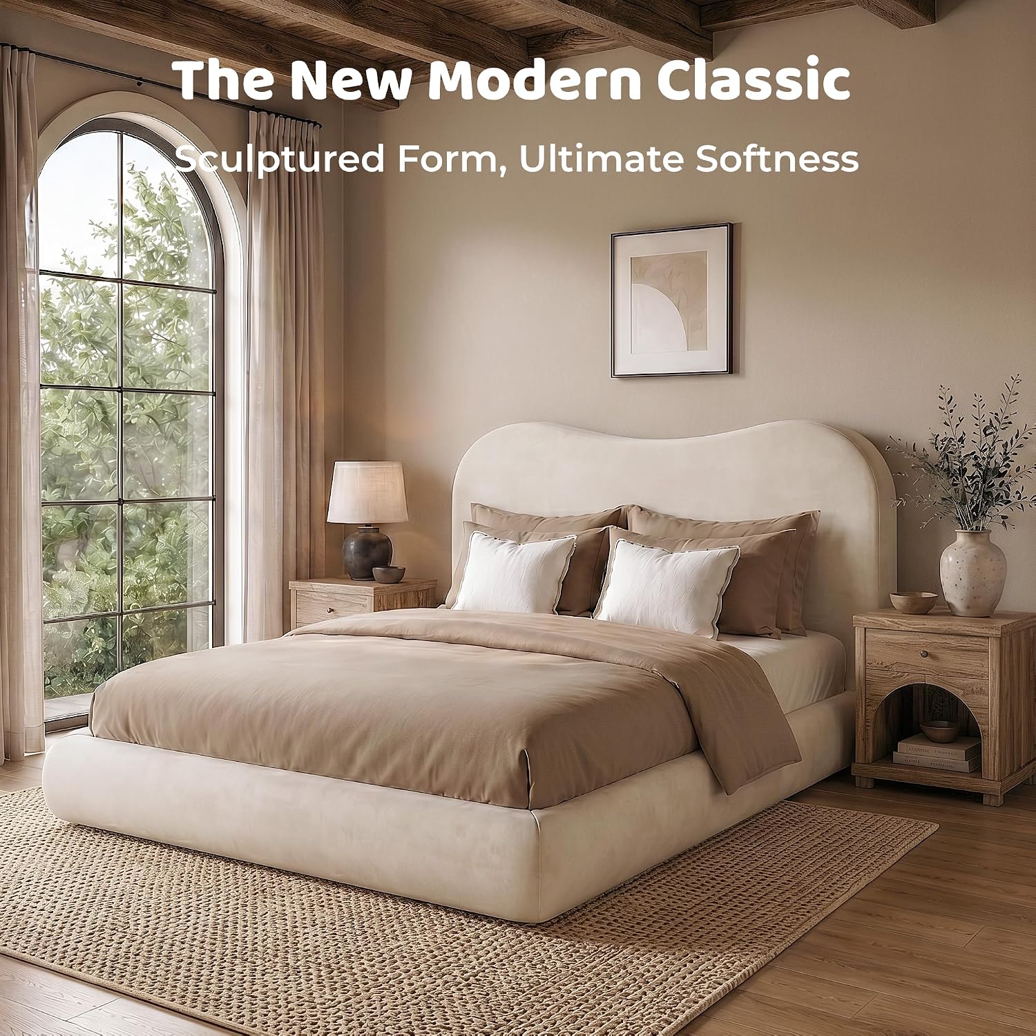RECCI AirFrame Queen Upholstered Bed Frame with Camelback Curved Headboard