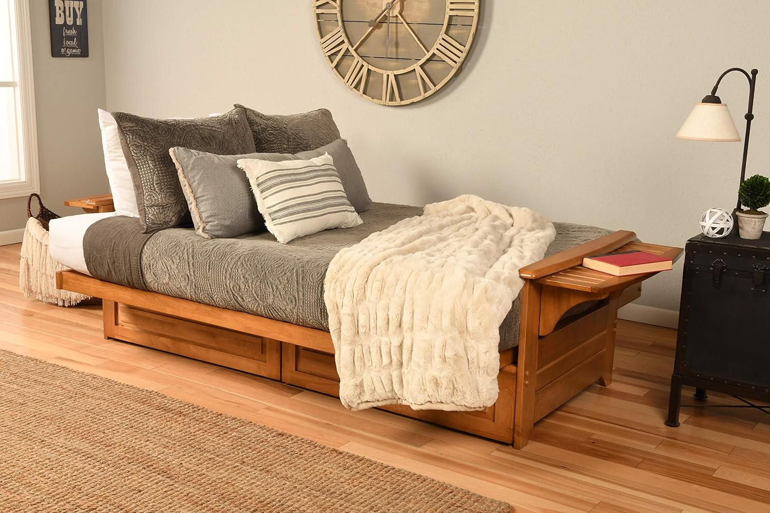 Kodiak Phoenix Wooden Futon Sofa Bed with Storage Drawers, Full Size Futon Couch Bed and Futon Frame and Linen Charcoal Mattress Included, Butternut