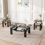 3 Piece Living Room Table Set, Glass Coffee Table and End Table Set of 3, Coffee Table Set with Tempered Glass & Metal Legs for Livingroom Table, Bedroom Nightstand. (Style 1, Black Glass+Black Leg)