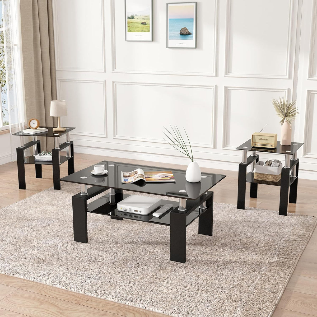 3 Piece Living Room Table Set, Glass Coffee Table and End Table Set of 3, Coffee Table Set with Tempered Glass & Metal Legs for Livingroom Table, Bedroom Nightstand. (Style 1, Black Glass+Black Leg)