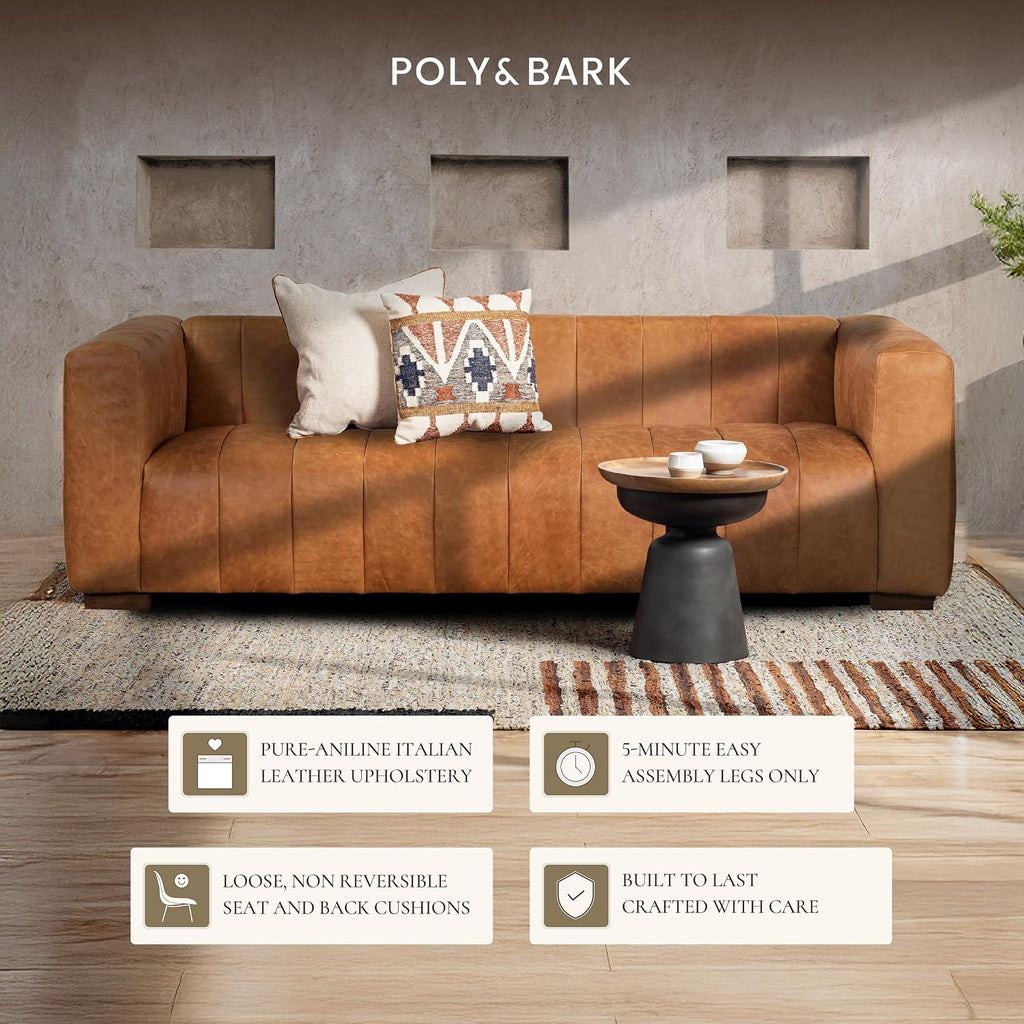 POLY & BARK Canale Sofa – 86" Channel-Tufted Italian Leather Couch – Cognac Tan Full-Grain Pure-Aniline or Semi-Aniline Leather, Solid Wood Frame & Legs