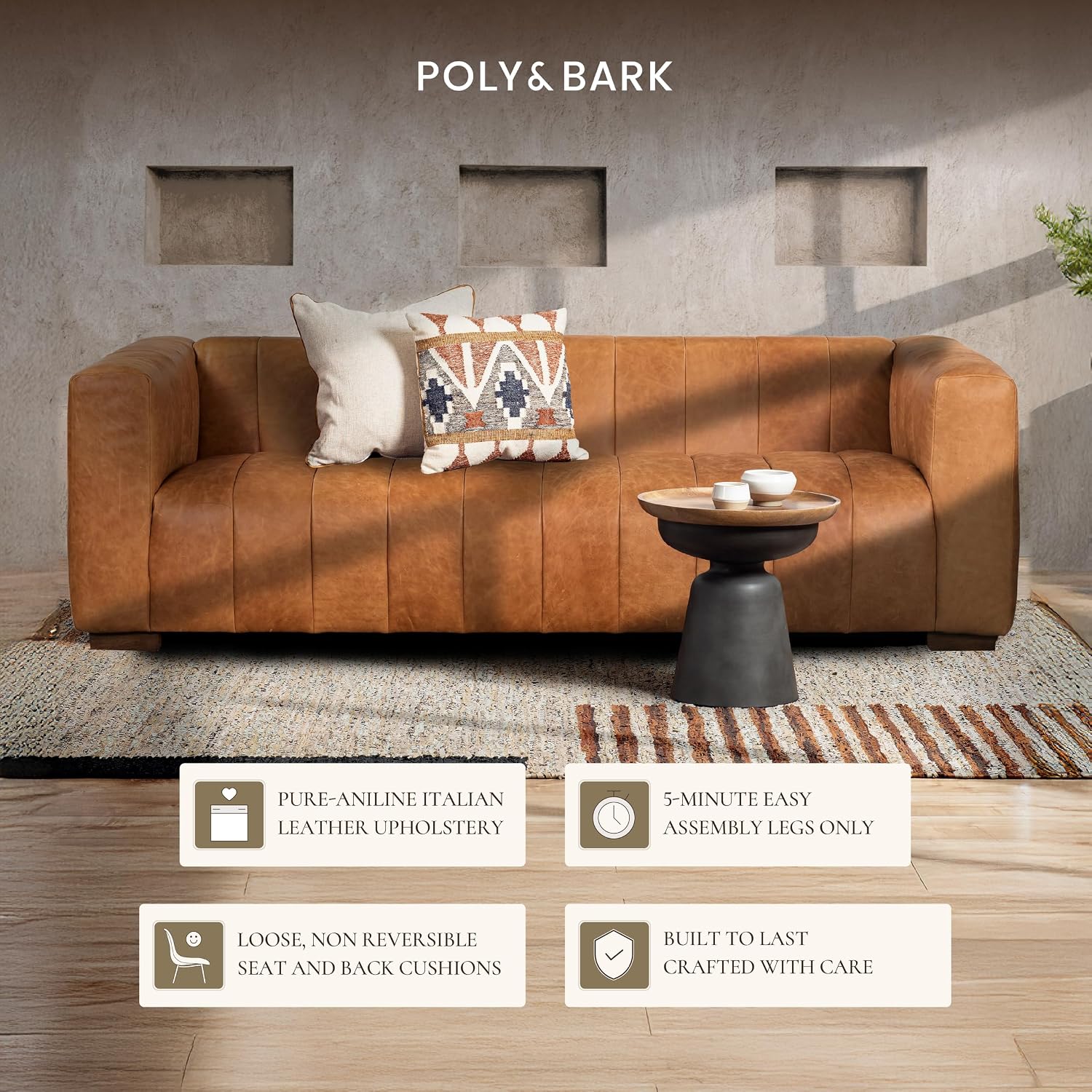 POLY & BARK Canale Sofa – 86" Channel-Tufted Italian Leather Couch – Cognac Tan Full-Grain Pure-Aniline or Semi-Aniline Leather, Solid Wood Frame & Legs