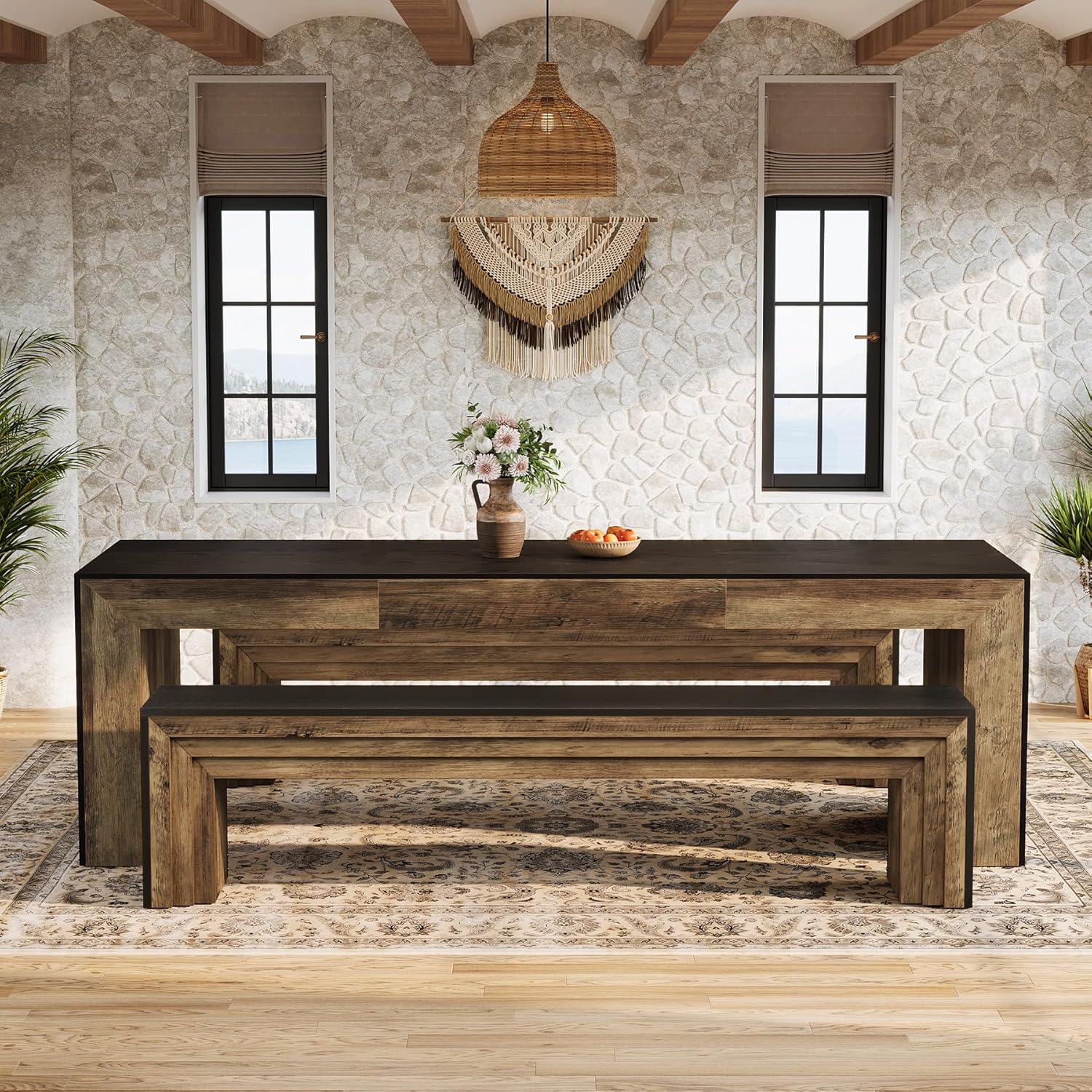 Tribesigns 70.9-Inch Extra Long Dining Bench, Farmhouse Wooden Kitchen Bench Seating for Table, Dining Room, Entryway, Living Room, Bedroom, Black & Brown