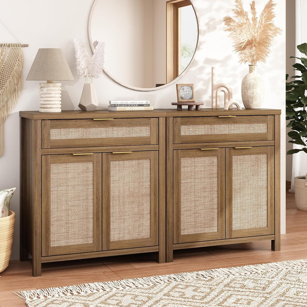 Sideboard Buffet Cabinet with Storage - 30" Rattan Boho Console Cabinets with Drawers, Mid Century Coffee Bar Cabinet for Entryway Living Room, Caramel Oak, Two Doors, Set of 2