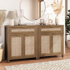 Sideboard Buffet Cabinet with Storage - 30" Rattan Boho Console Cabinets with Drawers, Mid Century Coffee Bar Cabinet for Entryway Living Room, Caramel Oak, Two Doors, Set of 2
