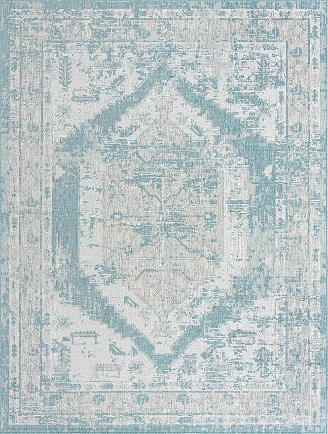 Unique Loom Outdoor Traditional Collection Area Rug - Valeria (10' x 13' 1" Rectangle, Aqua/ Ivory)