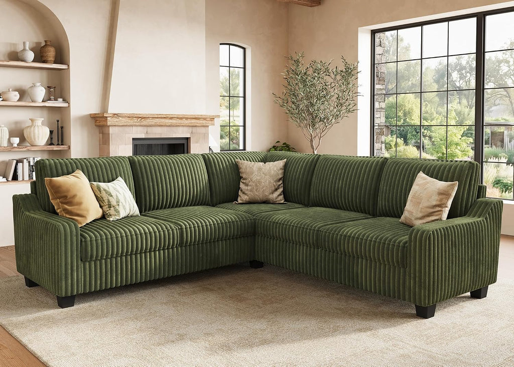 HONBAY Corduroy Convertible Sectional Sofa L Shaped Corner Couch,Green | Compact Sofa,Reversible Sectional Couches for Living Room,Wide Corduroy Fabric,Easy to transport and install