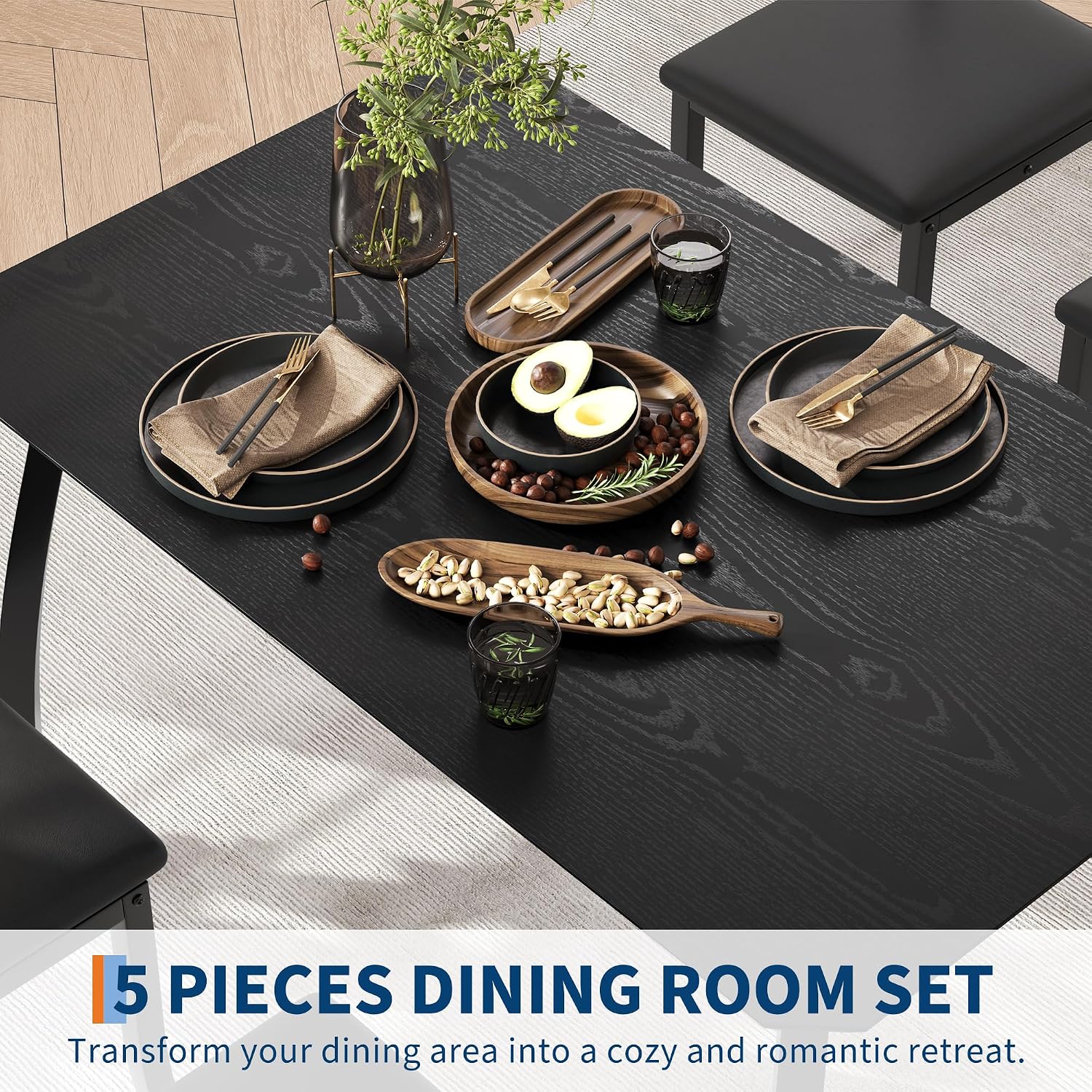 IDEALHOUSE Dining Table Set for 4 Modern Kitchen Table and Chairs Set with Chamfered Edges Cushioned Seats Space-Saving Metal Frame Compact Breakfast Nook (Soft Seat Black Tube + Black)