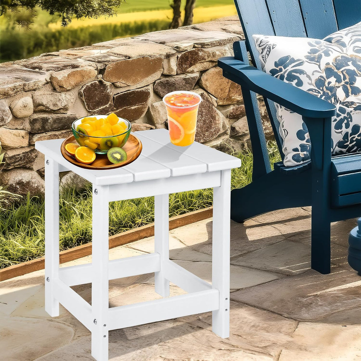 LZRS Patio Side Table, Heavy Duty HDPE Outdoor End Table with Wood Texture, Weatherproof Composite Table for Adirondack Chairs, Deck, Pool, Indoor/Outdoor, No Peeling or Cracking(White)