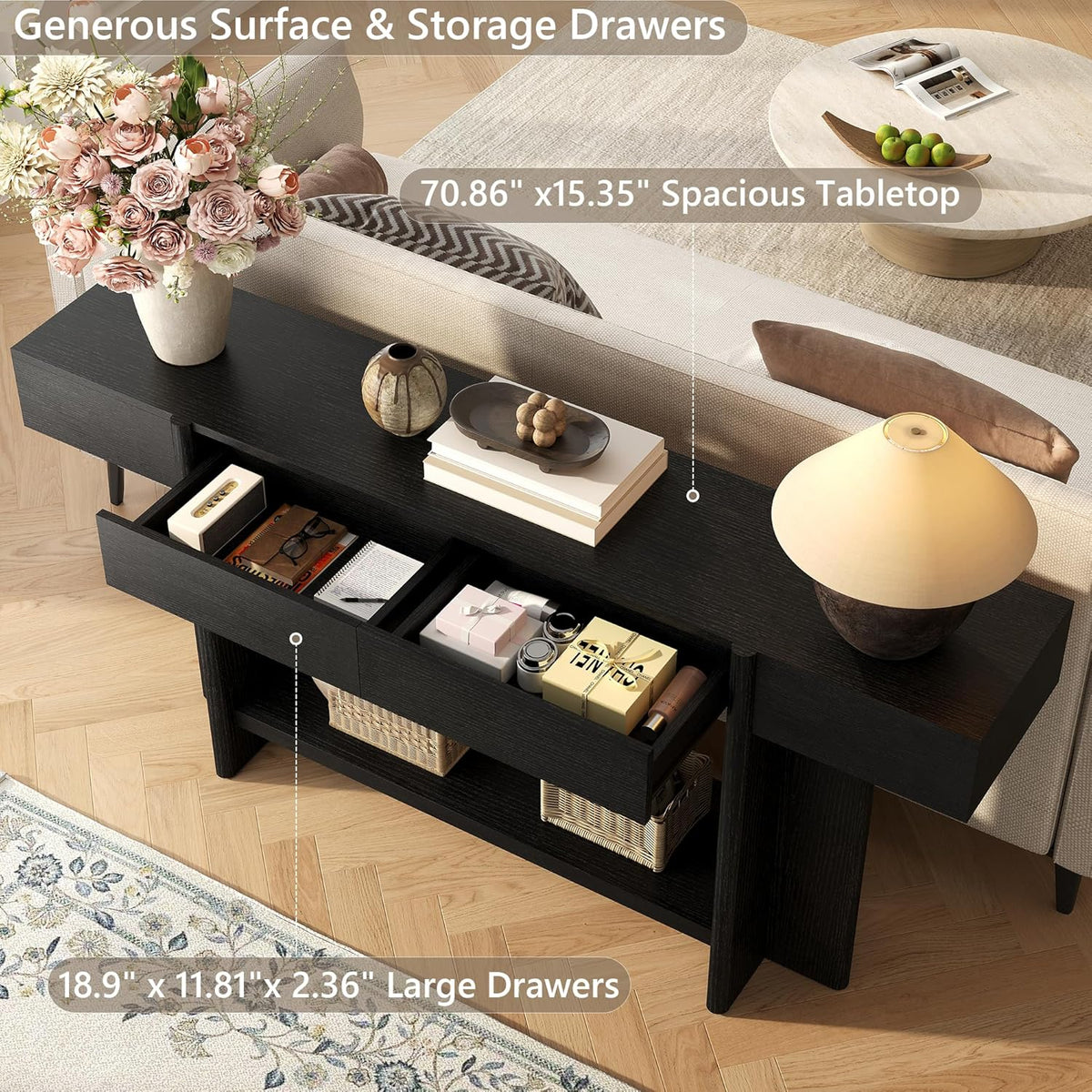 Einhomn 70.8" Long Console Table, 2 Drawer Entryway Table with Colorful LED Lights, Farmhouse Entry Way Table with Open Storage, Narrow Long Sofa Table for Entrance, Living Room, Hallway, Black