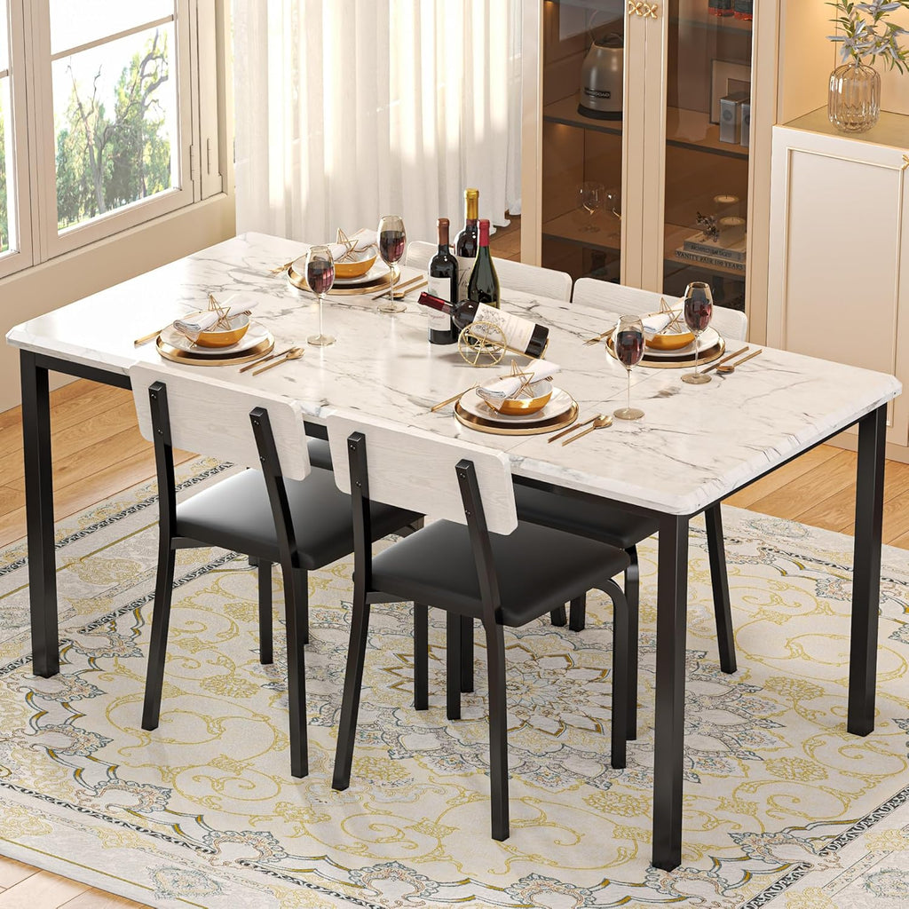 IRONCK 5-Piece 63" Extendable Dining Table with 4 Upholstered Chairs, Kitchen Table Set for 4-8 People, Dining Room Sets with MDF Wood Board, Drop Leaf Table Design for Space Saving, Marple White