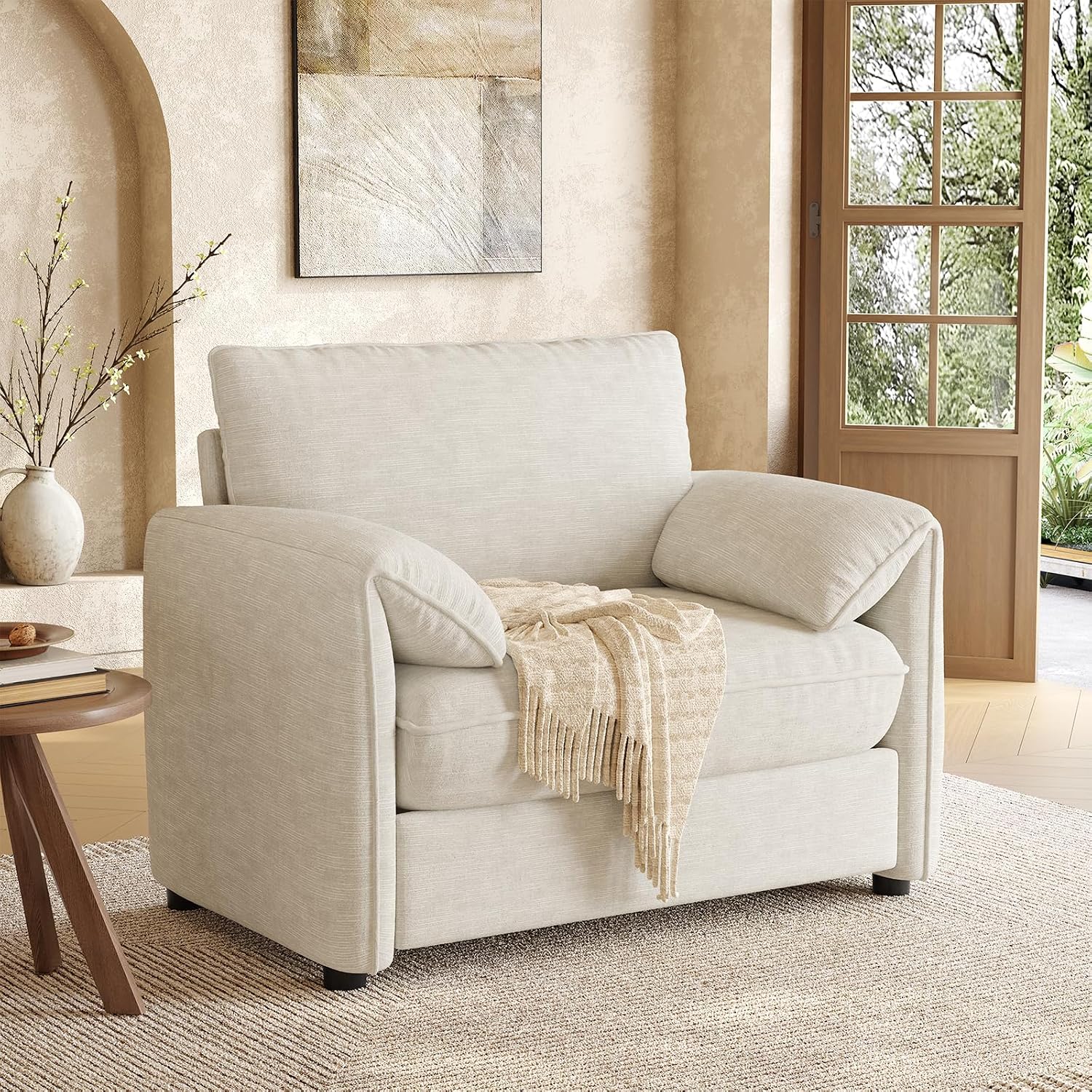 ONBRILL Oversized Accent Chair, 41 Inch Chenille Fabric Armchair, Beige | Comfy Single Sofa Chair with Padded Arms, Pocket Spring Cushion, Modern Reading Chair for Living Room, Bedroom, Apartment