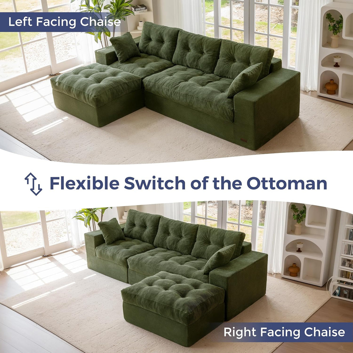 MAXYOYO Couch, 104-Inch L-Shaped Cloud Couch with Ottoman | Dark Green Upholstered Sofa Features Layered Cushions and Flexible Modules with No Assembly, Ideal for Modern Living Rooms.