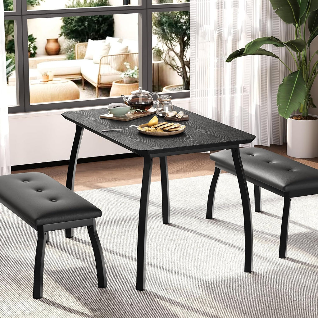 GAOMON Dining Table Set for 4, 3-Piece Wooden Kitchen Table with 2 Upholstered Benches, Space-Saving Dinette Set for Restaurant, Studio, Dining Room, Home Kitchen, Gray (Black, 2 Chairs)