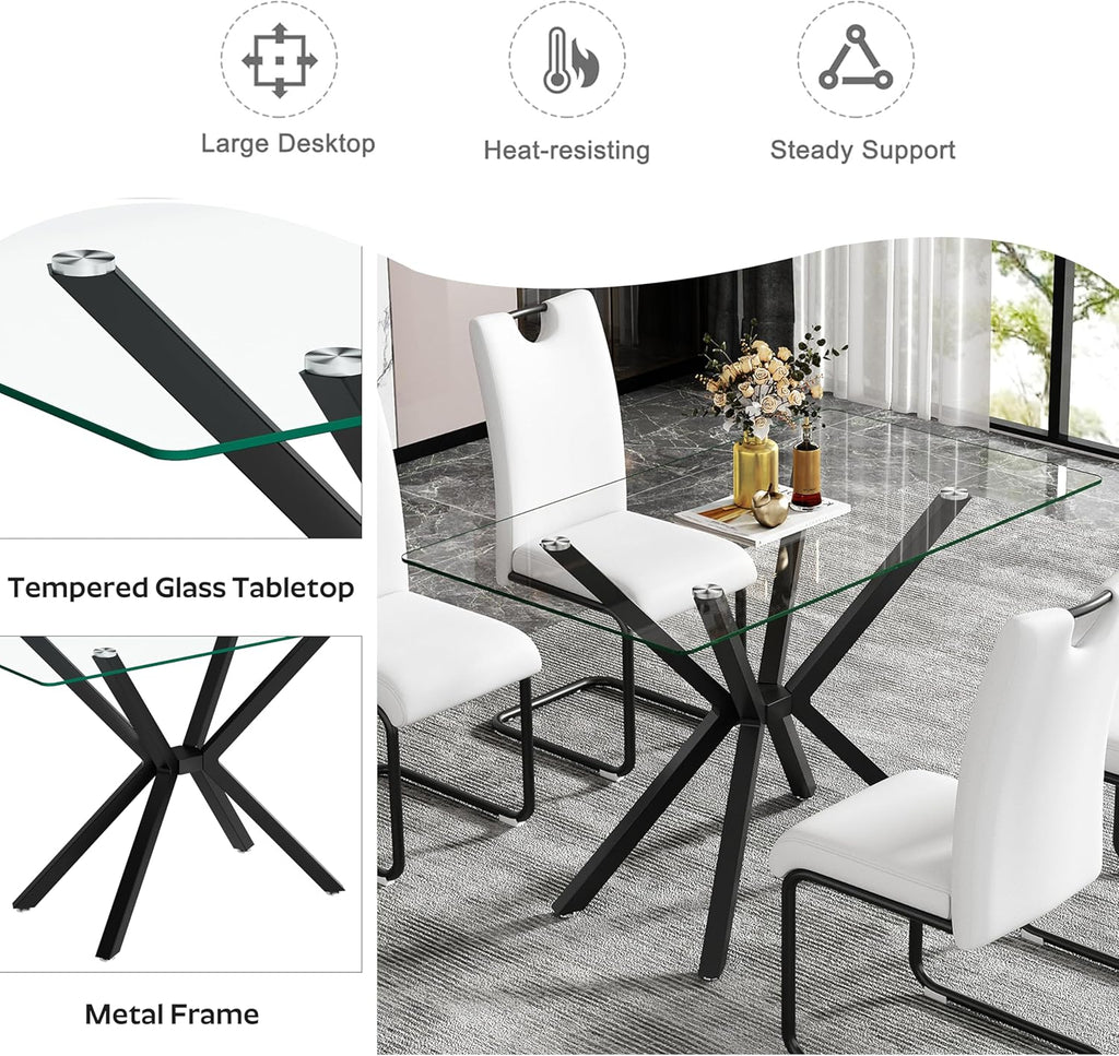 5 Pieces Modern Luxury Glass Dining Set, Minimalist Rectangle Dinner Room Set for 4, 47'' Clear Glass Top Kitchen Table Set with Black Base, Blue Tufted Chairs, for Small Apartment Home