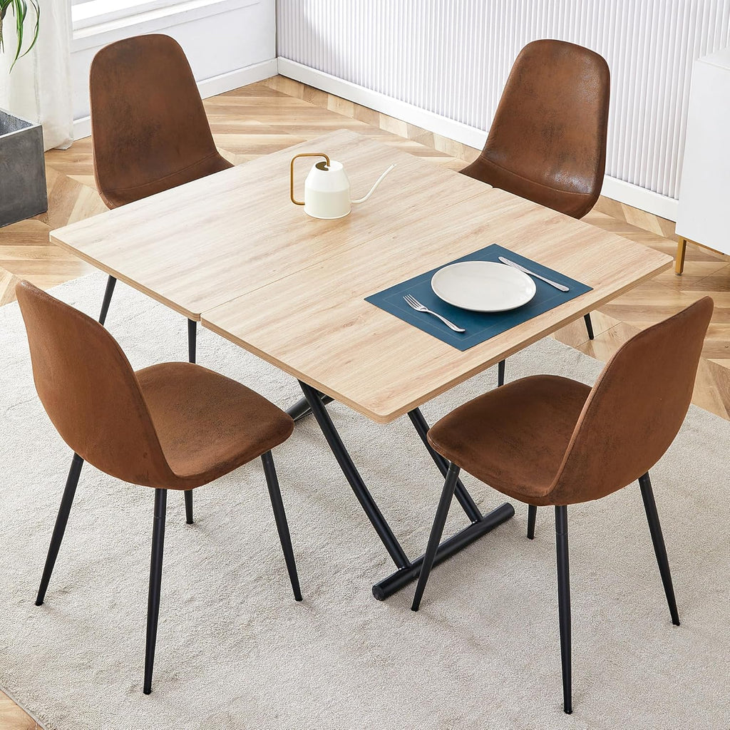 Space Saving Folding Dining Table, Adjustable Height Foldable Coffee Table with Wooden Tabletop and Metal Legs, Small Transformer Kitchen Table for Apartment, Living Room, Dining Room