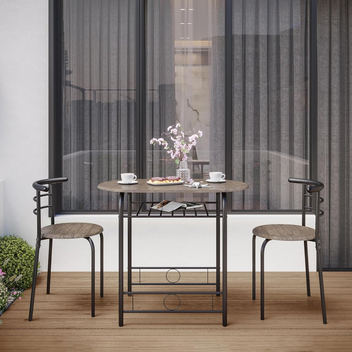 Yaheetech 3 Piece Dining Table Set for 2 Small Table and Chairs Drift Brown | Compact Breakfast Table and Chairs, Space Saving MDF Tabletop and Iron Frame with Chairs, for Kitchen/Apartment/Small Space
