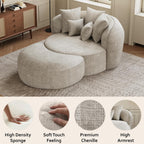 53.5" Oversized Round Chaise Lounge with Ottoman, Chenille, Beige White | Deep Seating Chair, Soft Chenille, a Matching Ottoman Offer Cloud-like Comfort for Reading, Lounging and Relaxing
