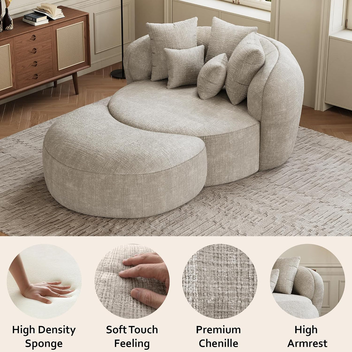 53.5" Oversized Round Chaise Lounge with Ottoman, Chenille, Beige White | Deep Seating Chair, Soft Chenille, a Matching Ottoman Offer Cloud-like Comfort for Reading, Lounging and Relaxing