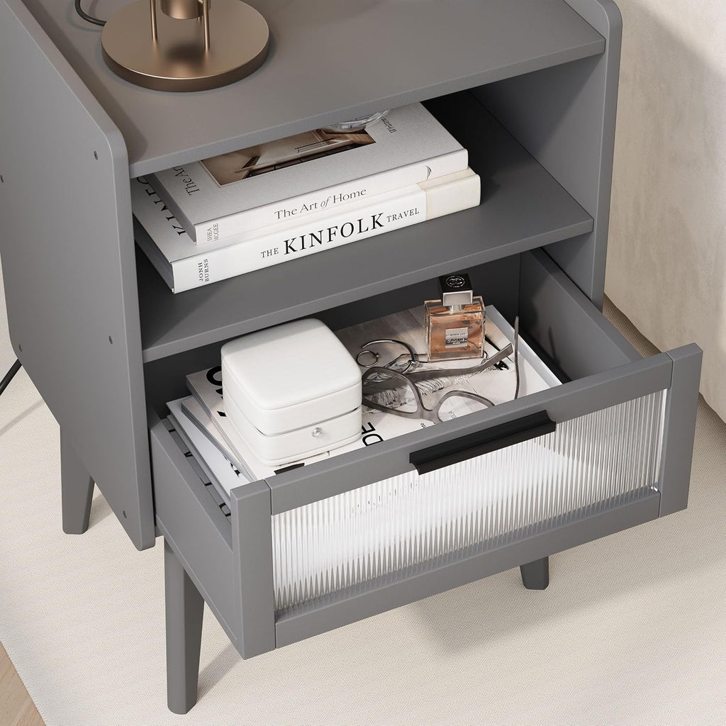 MMEOLUOOK Nightstand with Charging Station, Bedside Tables Set of 2, End Table Side Table with 2 Tiers Storage Space, for Bedroom, Living Room, Grey MLBZ07ZEV-2