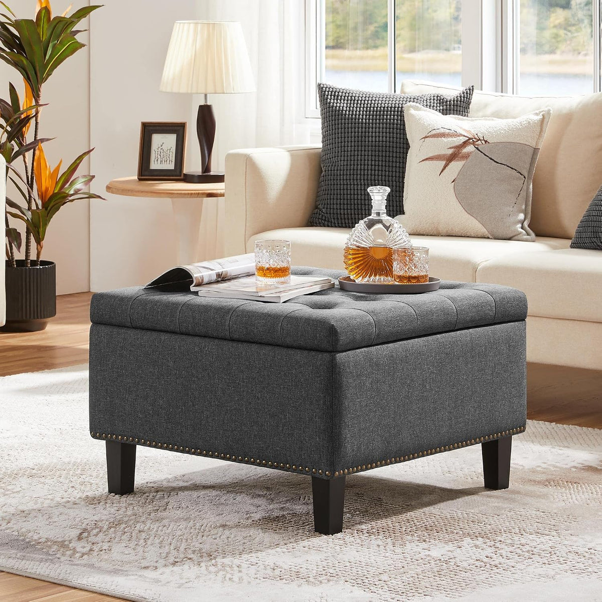 Yaheetech 28in Square Storage Ottoman Coffee Table with Nailhead, Dark Gray | Button-Tufted Linen-Look Fabric Bench, 3.2C Storage Space, Wood Legs, Metal Hinges, for Bedroom Foot of Bed Living Room