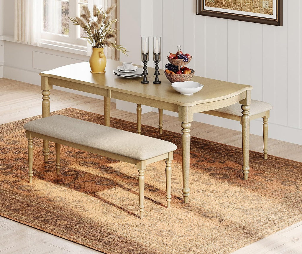 WAMPAT Farmhouse Dining Bench with Solid Wood Legs for Dining Room, Oak | Kitchen Benches with Padded Seat, Upholstered End of Bed Bench for Bedroom, Wooden Entryway Benches for Hallway, 52 Inch