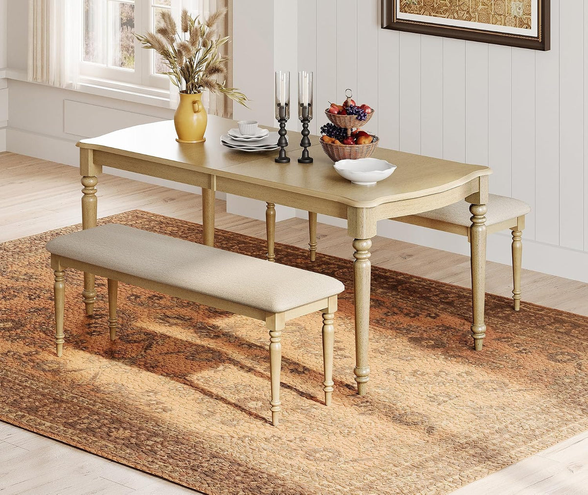 WAMPAT Farmhouse Dining Bench with Solid Wood Legs for Dining Room, Oak | Kitchen Benches with Padded Seat, Upholstered End of Bed Bench for Bedroom, Wooden Entryway Benches for Hallway, 52 Inch