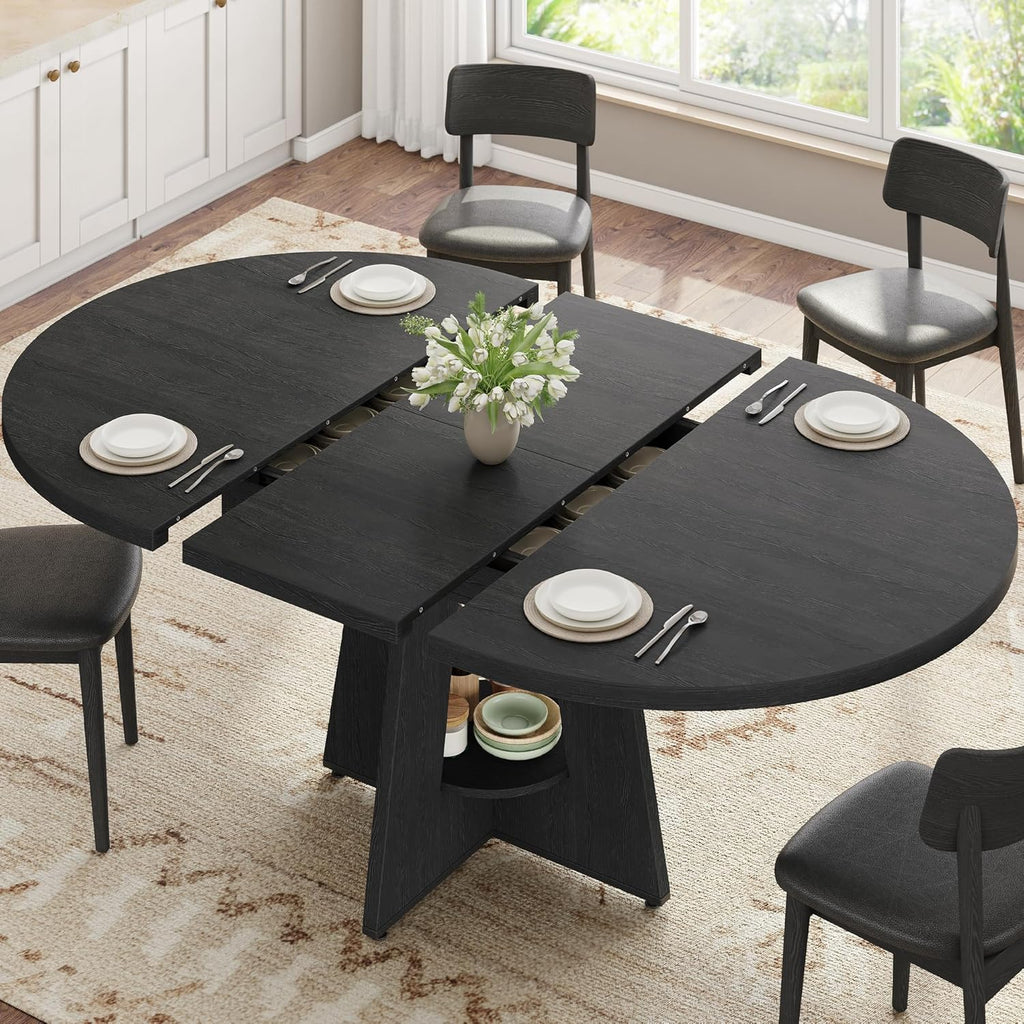 43''–59'' Extendable Dining Table, Round Kitchen Dining Room Dinner Table with for 4 6 8 People, Space Saving Modern Oval Expandale Furniture with Storage and Pedestal for Kitchen Living Room (Black)
