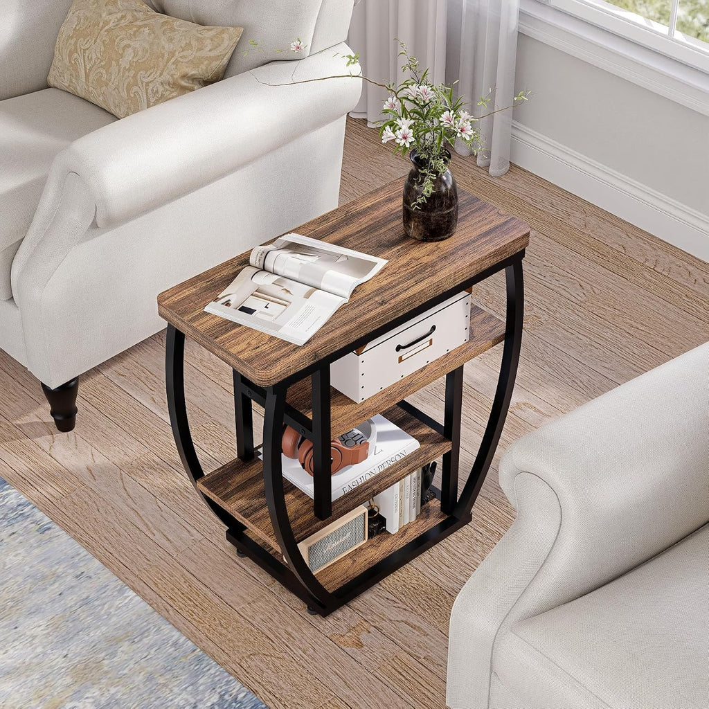4-Tier End Table with Storage, Narrow Side Table for Living Room, Wood Sofa Side Table with Metal Frame, Industrial Bedside Table and Nightstand for Bedroom, Rustic Brown