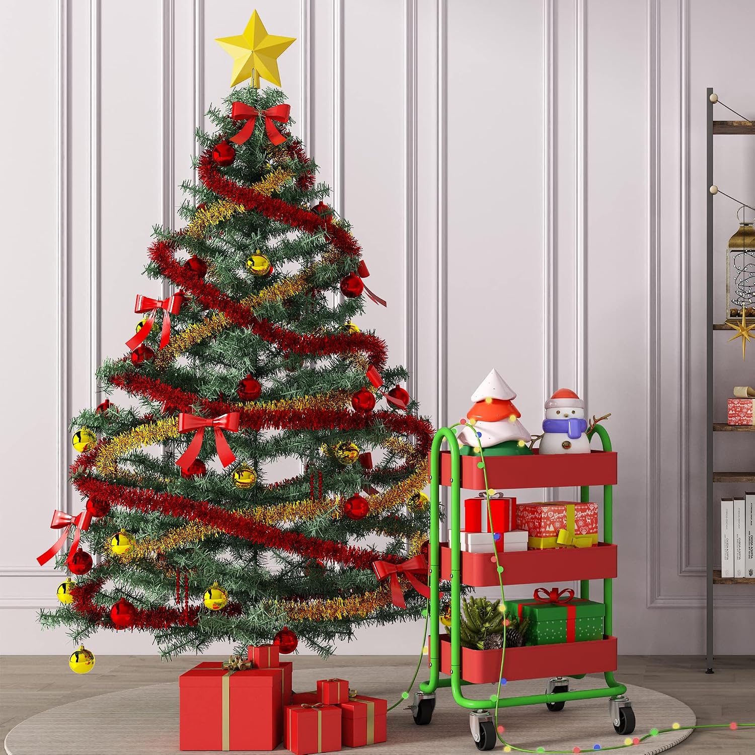 Metal Rolling Cart,3-Tier Metal Rolling Cart with Wheels,3 Tier Utility Cart with Wheels for Office,Home,Kitchen,Garden（13.4"x18.1"x31"） Red+Green