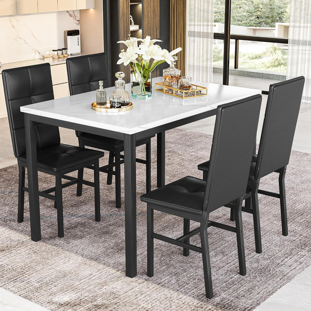 Hooseng Dining Table Set for 4, Faux Marble Small Kitchen Table with 4 PU Leather Chairs, Modern 5 Piece Dinner Table Set for Dining Room, Breakfast Nook, Samll Space, White & Black