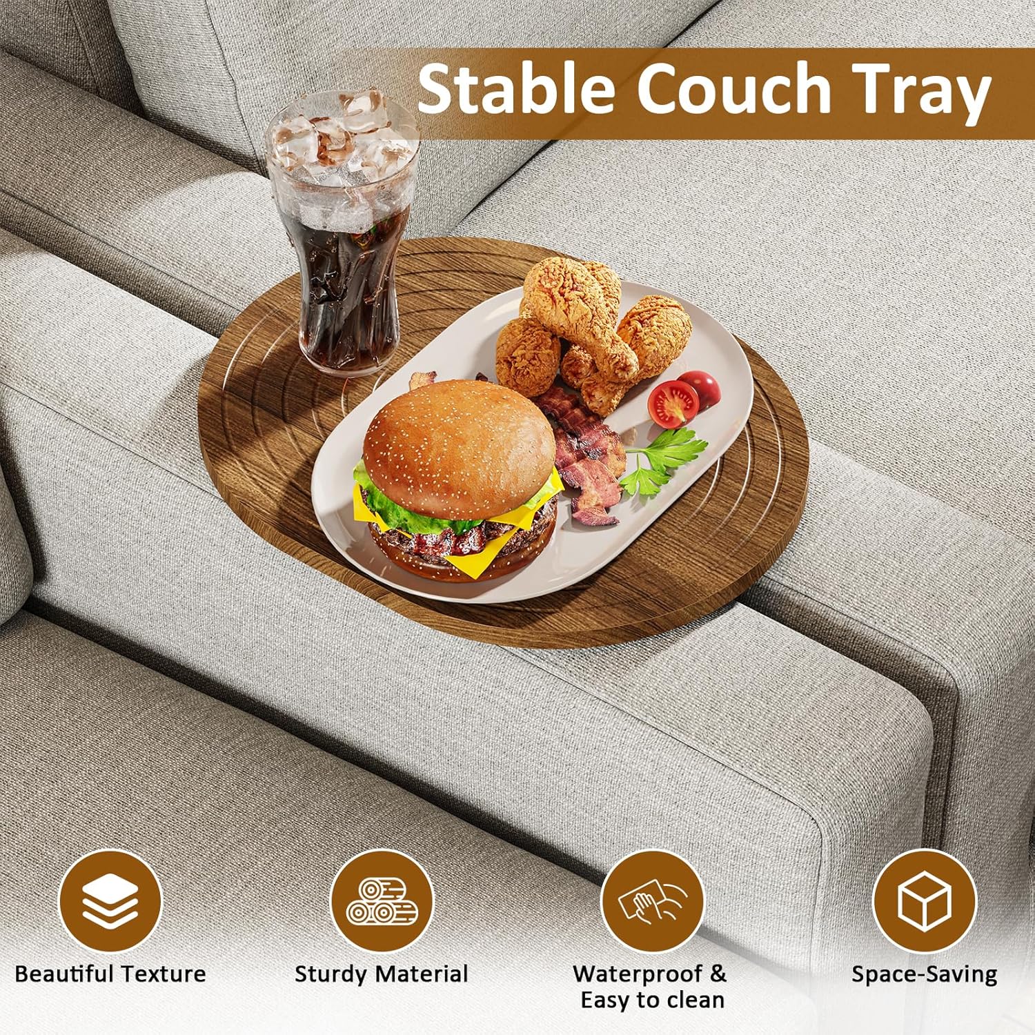 Asgolion Couch Tray Insert for Middle, 15.75"x12.6" Wood Sofa Tray, Folding Couch Armrest Table Fit Armless Couch/Sectional, for Drink Snacks Phone Remote Holder, Walnut