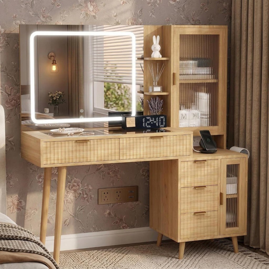 49" Wooden Vanity Desk with Mirror and Lights, Fluted Boho Makeup Vanity Table with Modern Glass Top, Charging Station, 5 Drawers, 2 Cabinet with Adjustable Shelves, Light Wood