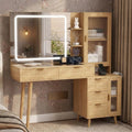 49" Wooden Vanity Desk with Mirror and Lights, Fluted Boho Makeup Vanity Table with Modern Glass Top, Charging Station, 5 Drawers, 2 Cabinet with Adjustable Shelves, Light Wood