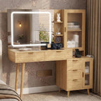 49" Wooden Vanity Desk with Mirror and Lights, Fluted Boho Makeup Vanity Table with Modern Glass Top, Charging Station, 5 Drawers, 2 Cabinet with Adjustable Shelves, Light Wood