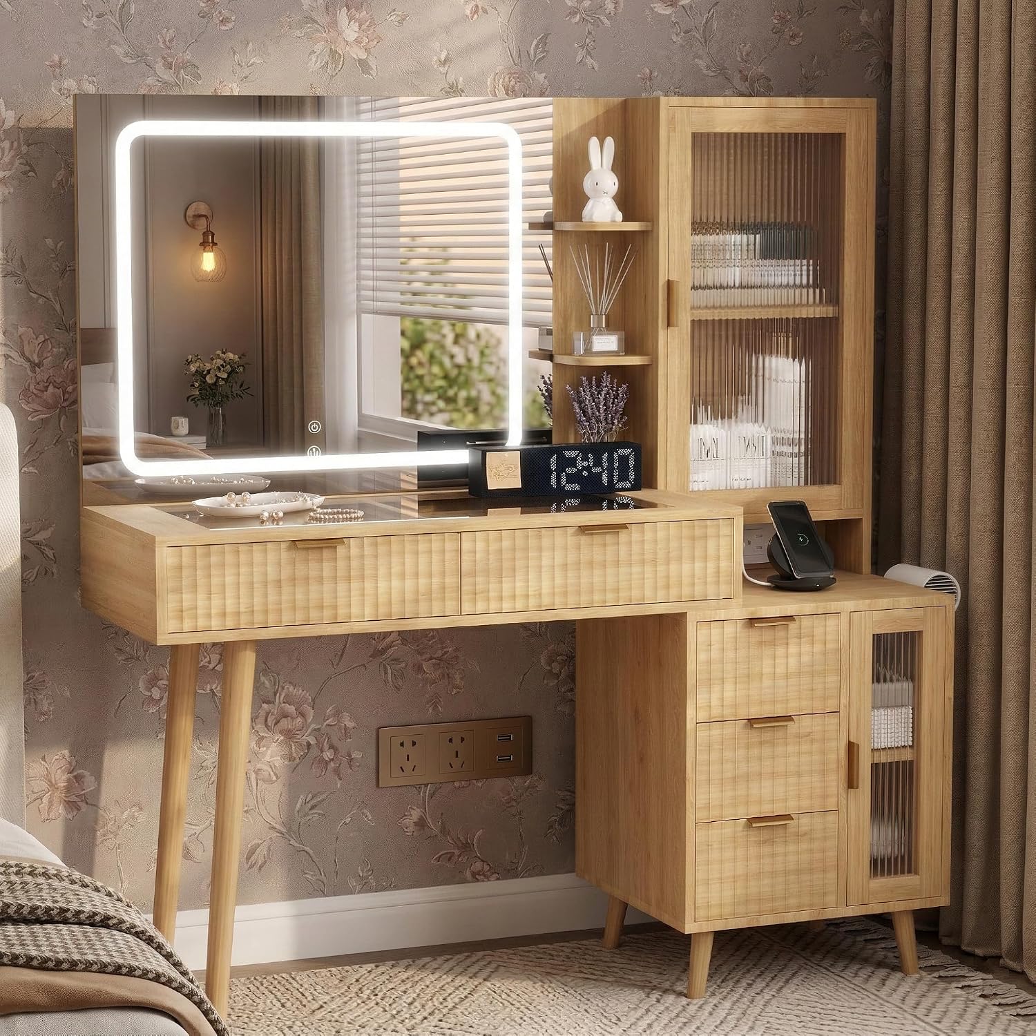49" Wooden Vanity Desk with Mirror and Lights, Fluted Boho Makeup Vanity Table with Modern Glass Top, Charging Station, 5 Drawers, 2 Cabinet with Adjustable Shelves, Light Wood