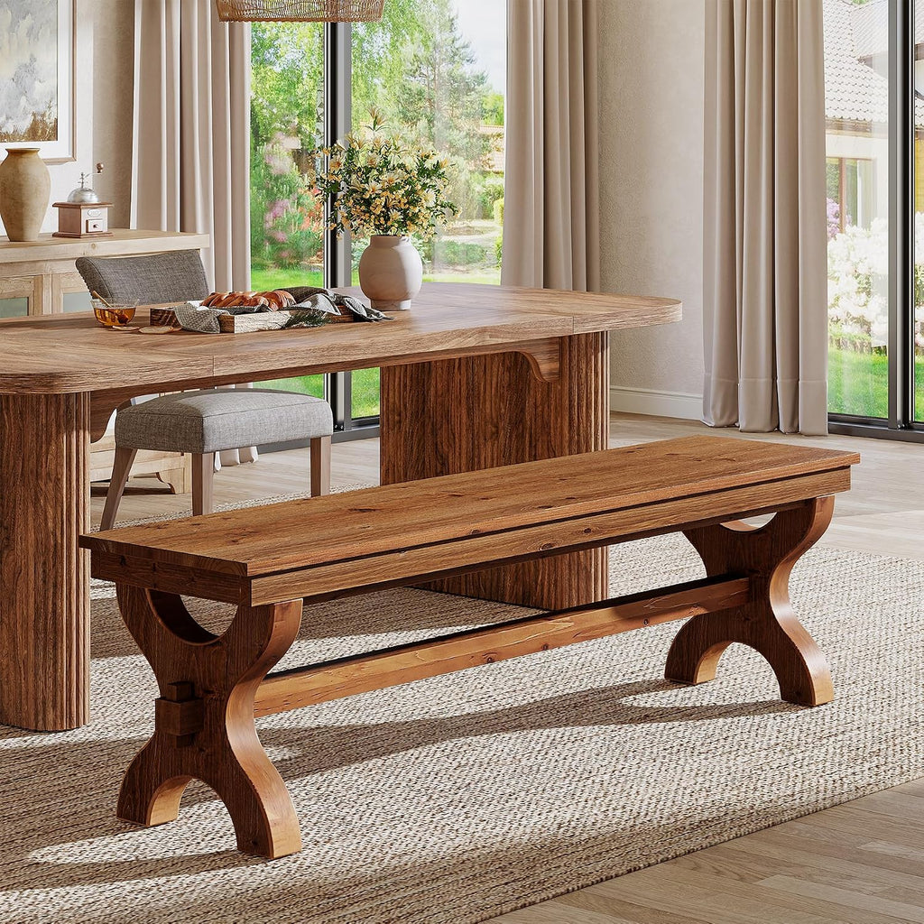 Solid Wood Dining Bench, 55-Inch Long Entryway Shoe Bench, Farmhouse Indoor Seat for Dining Room, Living Room, Hallway, Brown (1, Brown)