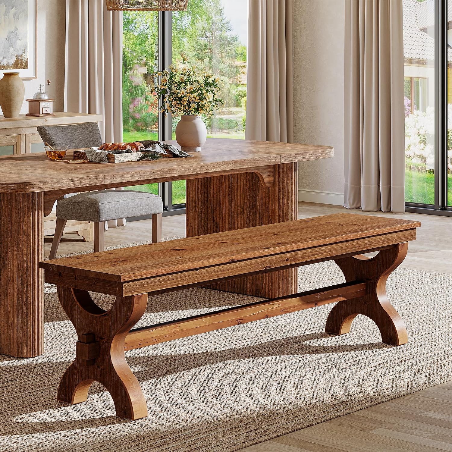 Solid Wood Dining Bench, 55-Inch Long Entryway Shoe Bench, Farmhouse Indoor Seat for Dining Room, Living Room, Hallway, Brown (1, Brown)