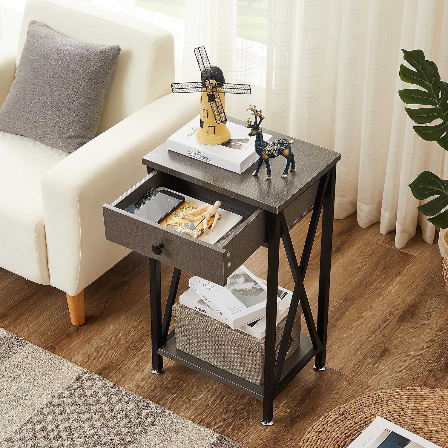VECELO Tall Nightstand,27.6 inch Wooden End Table with Metal X-Frame,Side Table with Drawer and Storage Shelf for Living Room Bedroom Entryway Small Spaces