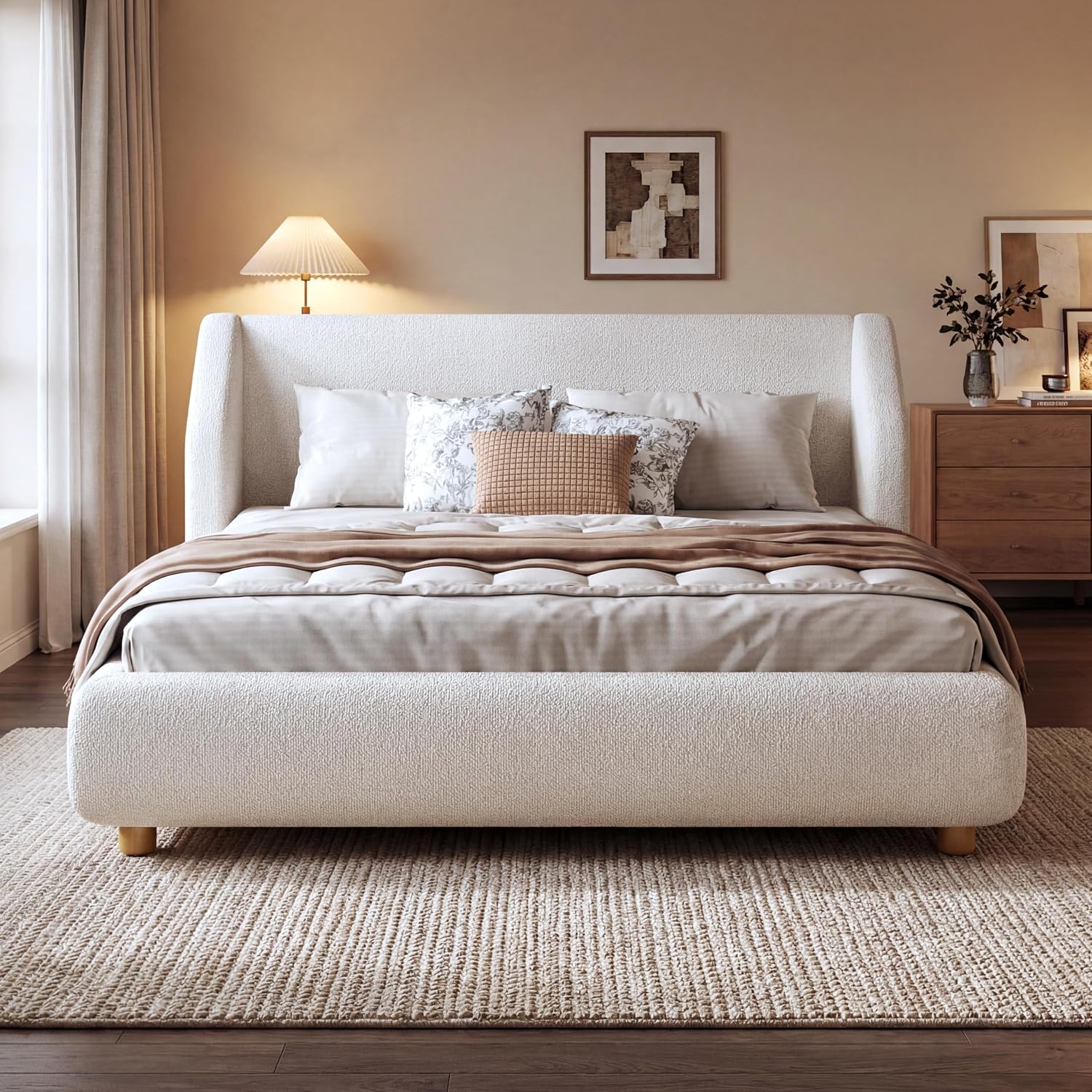 Christopher Knight Home Astry Boucle Upholstered Queen Size Bed Frame with Wingback Headboard, Modern Queen Bed Frame and Headboard, Wooden Slats Support, Easy Assembly, No Box Spring Needed, White