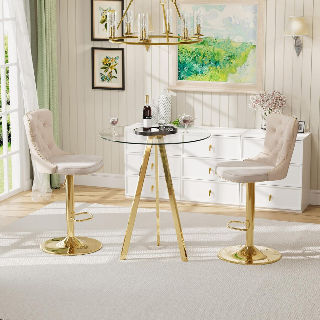 31.5'' Glass Round Bar Table with Stools Set for 2, Modern High Top Pub Table & 2 Adjustable Metal Bar Stool Velvet Swivel Counter Height Bars Chairs (Gold Metal Legs, Clear Top + Beige Chair)