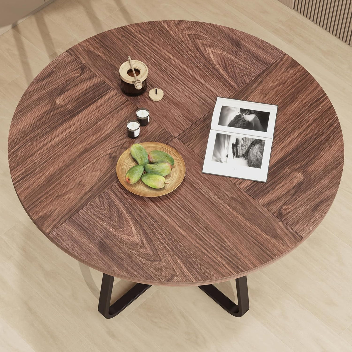 43.31'' Round Dining Table, Wood Kitchen Table with Metal X-Shaped Base, Kitchen Dining Room Circle Dinner Pedestal Table, Space Saving Industrial Circle Coffee Table for Home Living Room Furniture