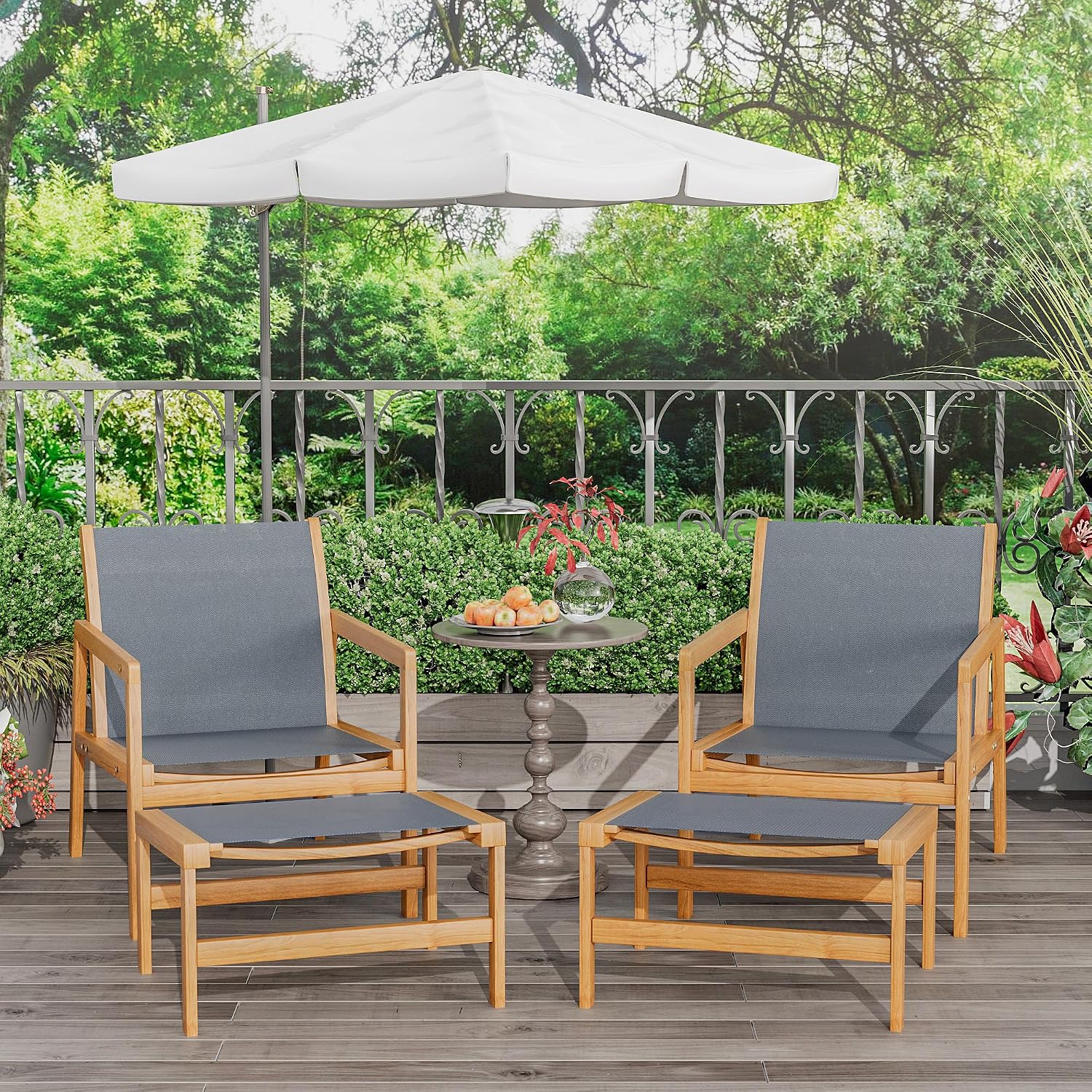 Greesum 4 Piece Furniture Outdoor Acacia Wood Chair with Ottoman for Porch, Balcony, Deck, Patio, Backyard, Gray