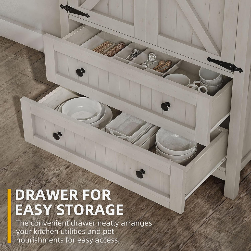 DWVO 64.5" Pantry Cabinet with Barn Doors, 2 Drawers & Shelves, Off White | Farmhouse Storage Cupboard for Dining Room, Living Room, and Bathroom
