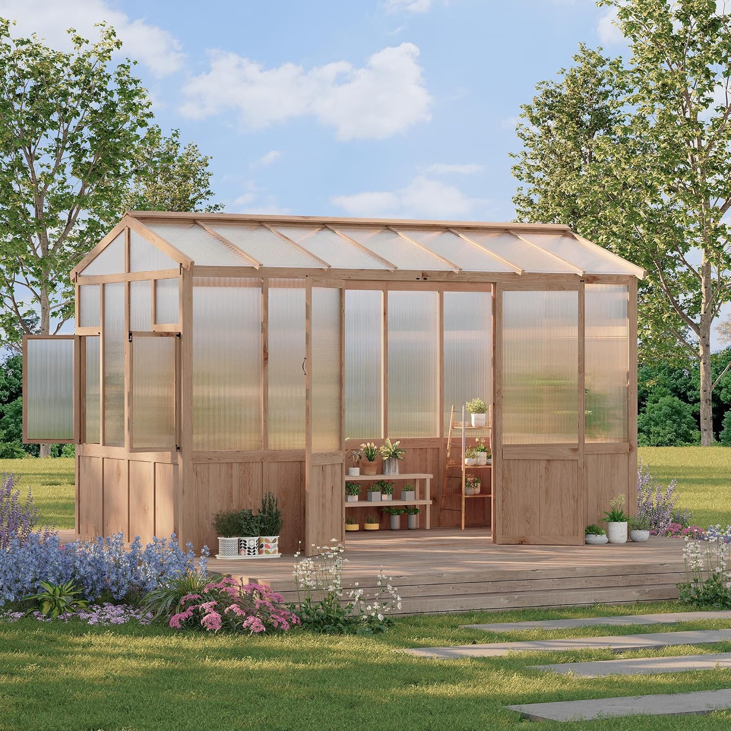 8x12 ft Wooden Greenhouse for Outdoor - Heavy Duty Walk-in Green House Kit with 6 mm Polycarbonate,Ventilated Window & Lockable Door for Backyard,Patio,Lawn