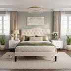 VECELO Queen Size Platform Bed Frame with Fabric Upholstered Headboard and Wooden Slats Support, No Box Spring Needed/Easy Assembly,Beige